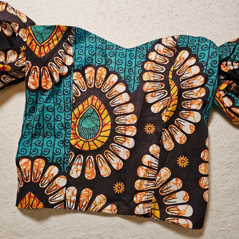 African Floral Size S Puff Sleeve Crop Top Smocked Boho Festival Y2K Cottagecore - Picture 7 of 15